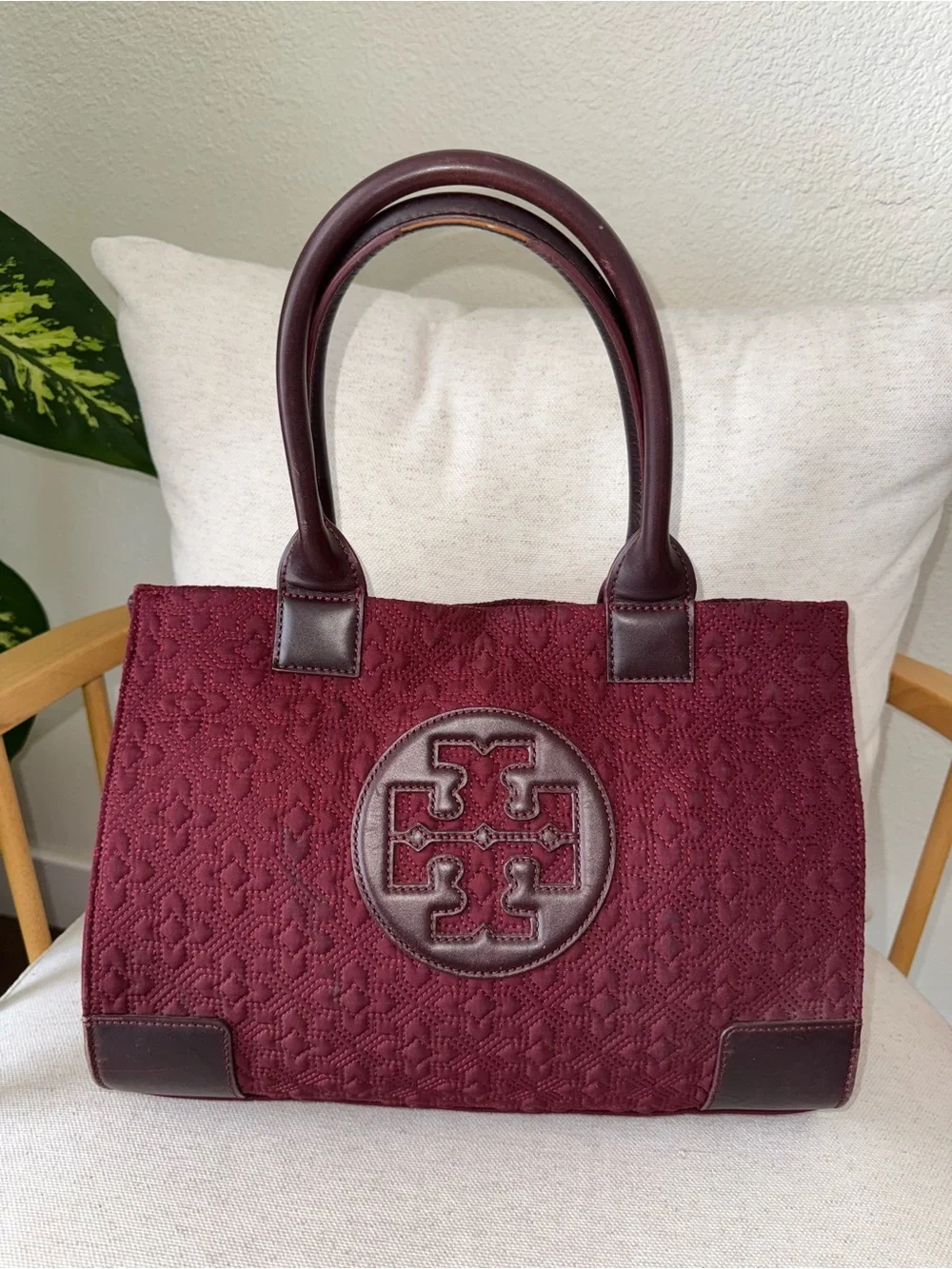 Tory Burch Burgundy Wine Quilted Nylon And Leather Ella Damask Tote Handbag